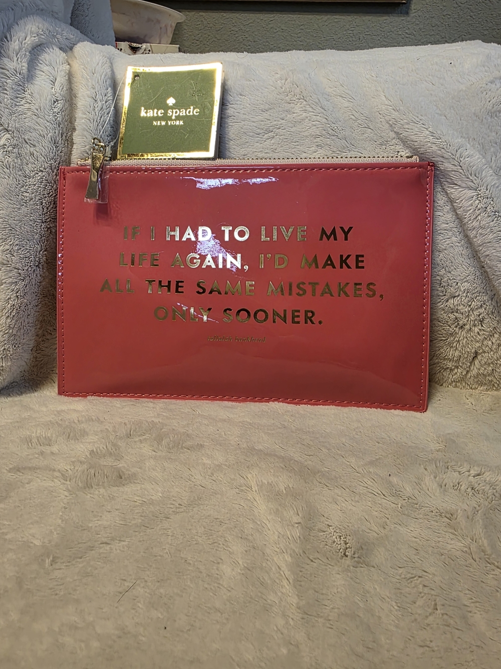 kate spade glossy hot pink zip pouch with gold logo